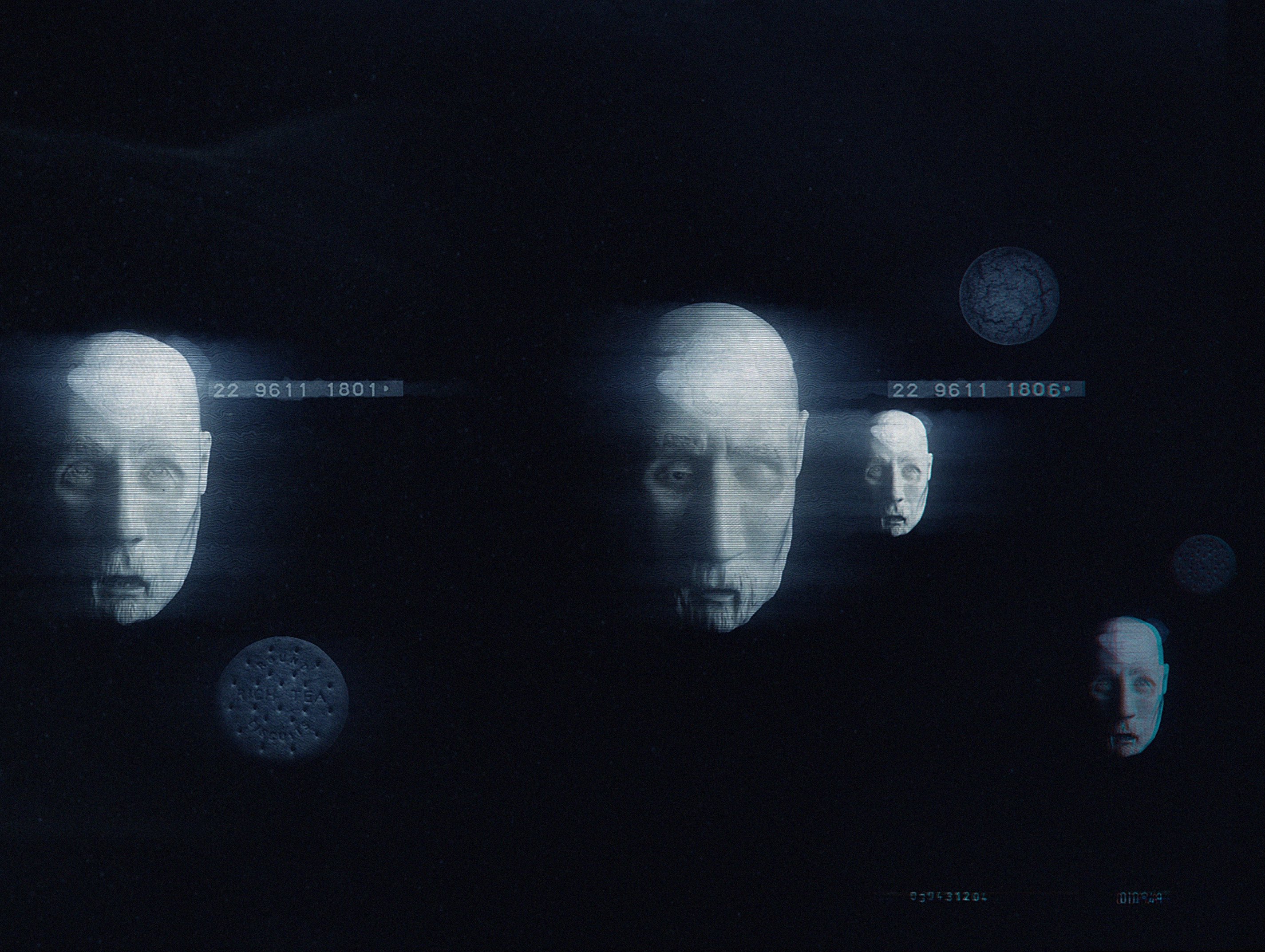Two illuminated figures and abstract shapes against a dark background, with data codes and patterns faintly visible.